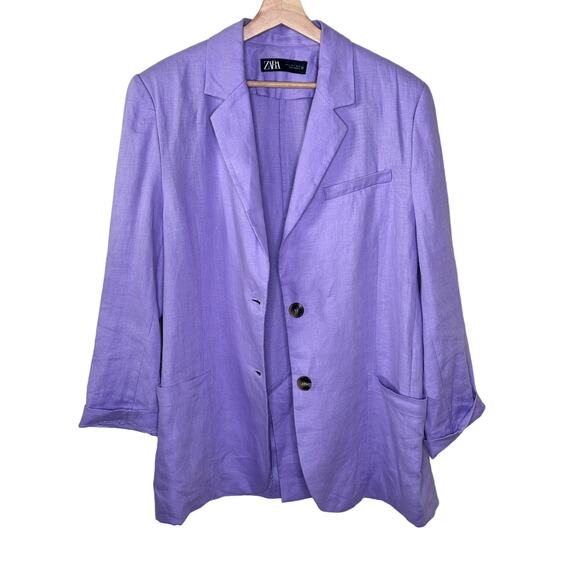 ZARA 2023 100% LINEN BLAZER OVERSIZED JACKET LILAC 3626/710 SIZE S RARE - Picture 4 of 4